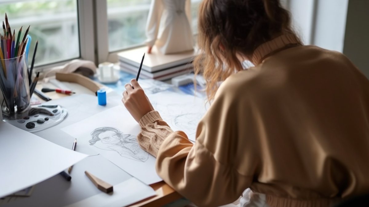 Diseñadora de moda trabajando en un boceto